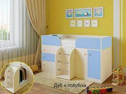 Кровать-чердак Малыш-4 Дуб молочный/Голубой в Верхоянске - verhoyansk.katalogmebeli.com | фото 1