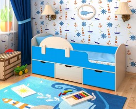 Кровать Малыш-мини с бортиком Дуб молочный/Голубой в Верхоянске - verhoyansk.katalogmebeli.com | фото