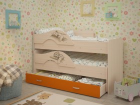 Кровать выкатная Радуга-Сафари детская 1600 Млечный дуб/Оранжевый в Верхоянске - verhoyansk.katalogmebeli.com | фото